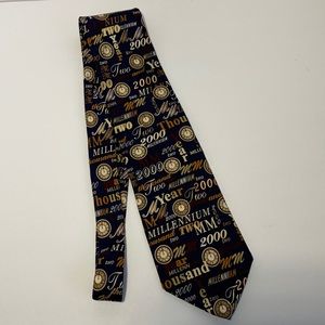 Alynn Neckwear Y2K “MM”-The Year 2000 Tie Blue VTG Novelty 100% Silk Made in USA